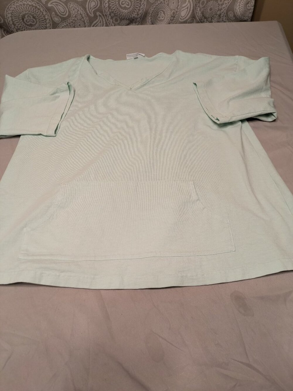 Bryn Walker Tunic Top Mint Green Boxy Cropped Sleeve Kangaroo Pocket Lagenlook M